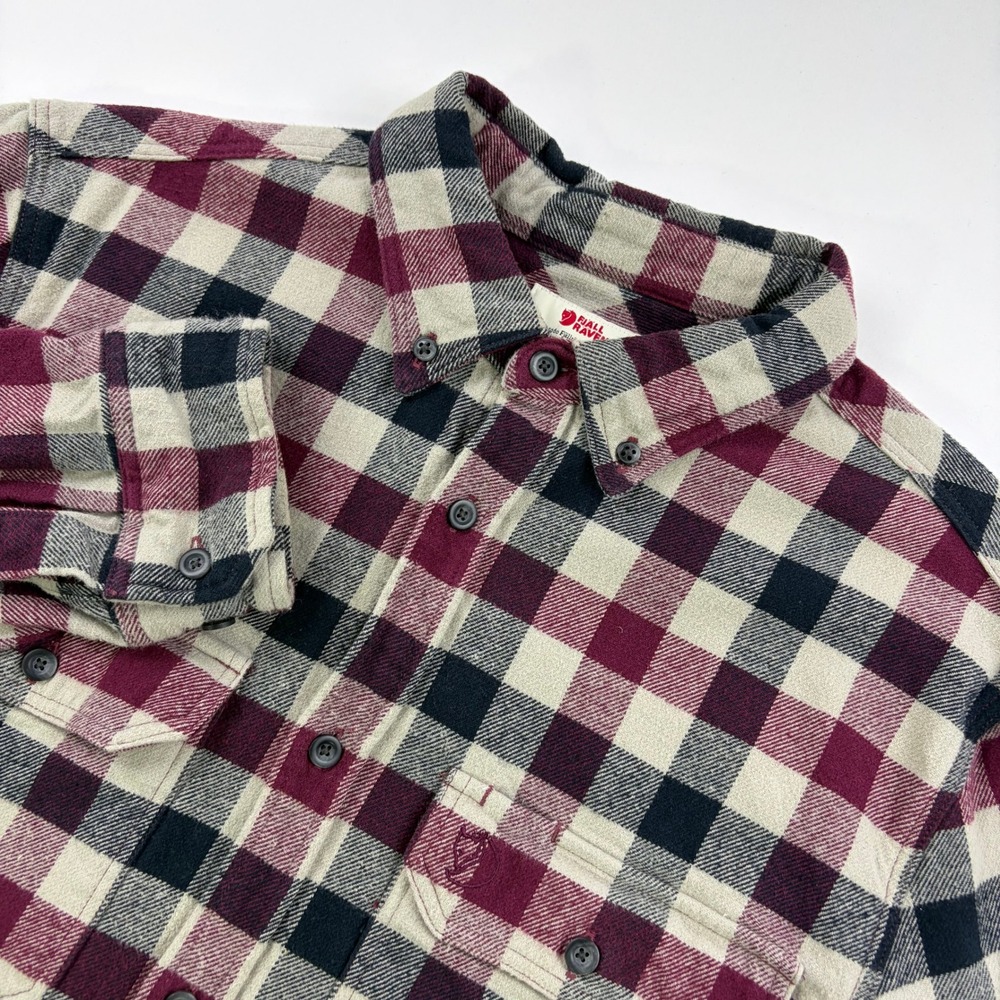 Fjallraven Skog Shirt Flannel Button Down Mens Medium Burgundy Plaid Slim Fit